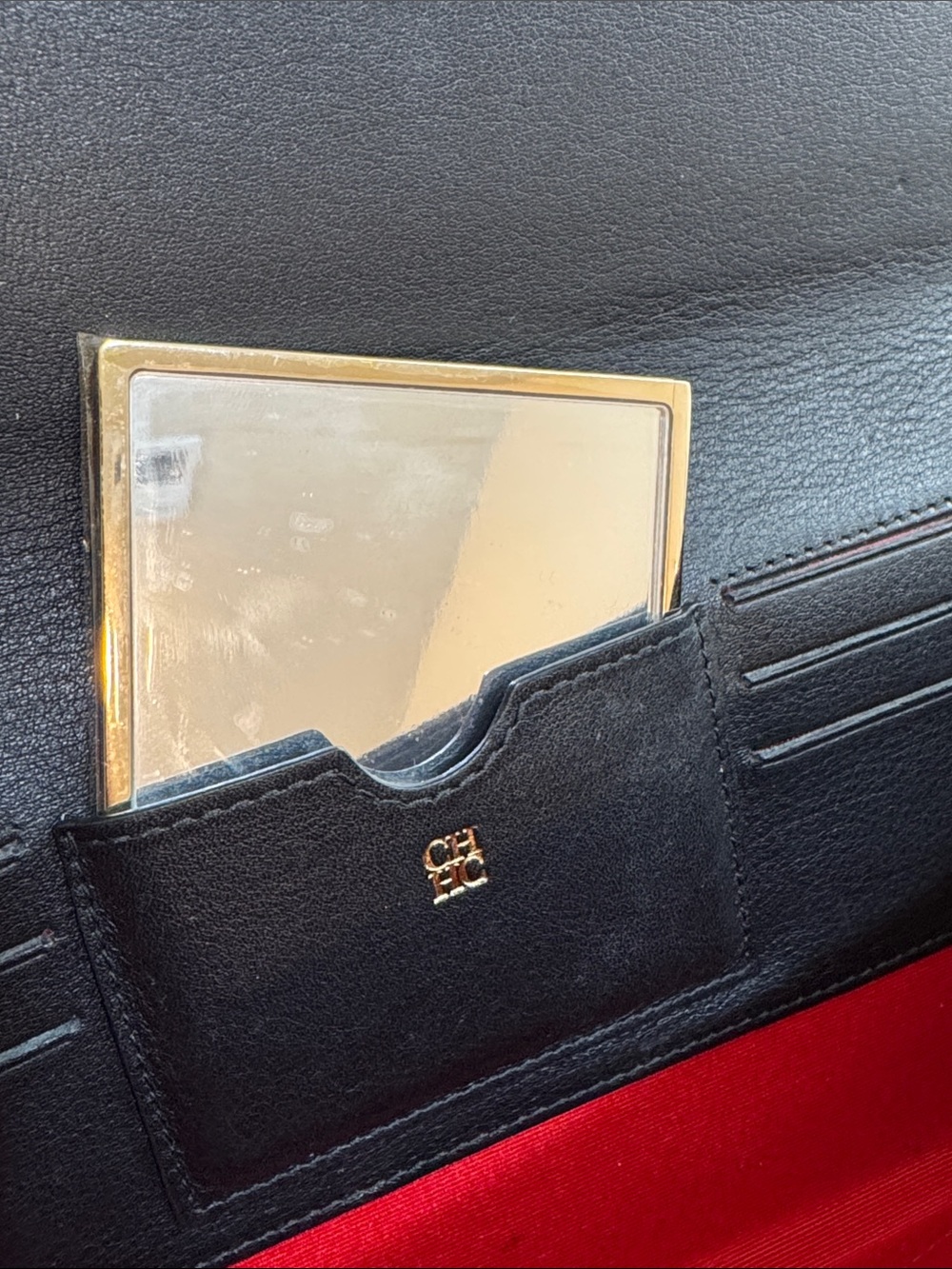 Carolina Herrera Black Leather Envelope Clutch with Gold CH Accent - Picture 7 of 16